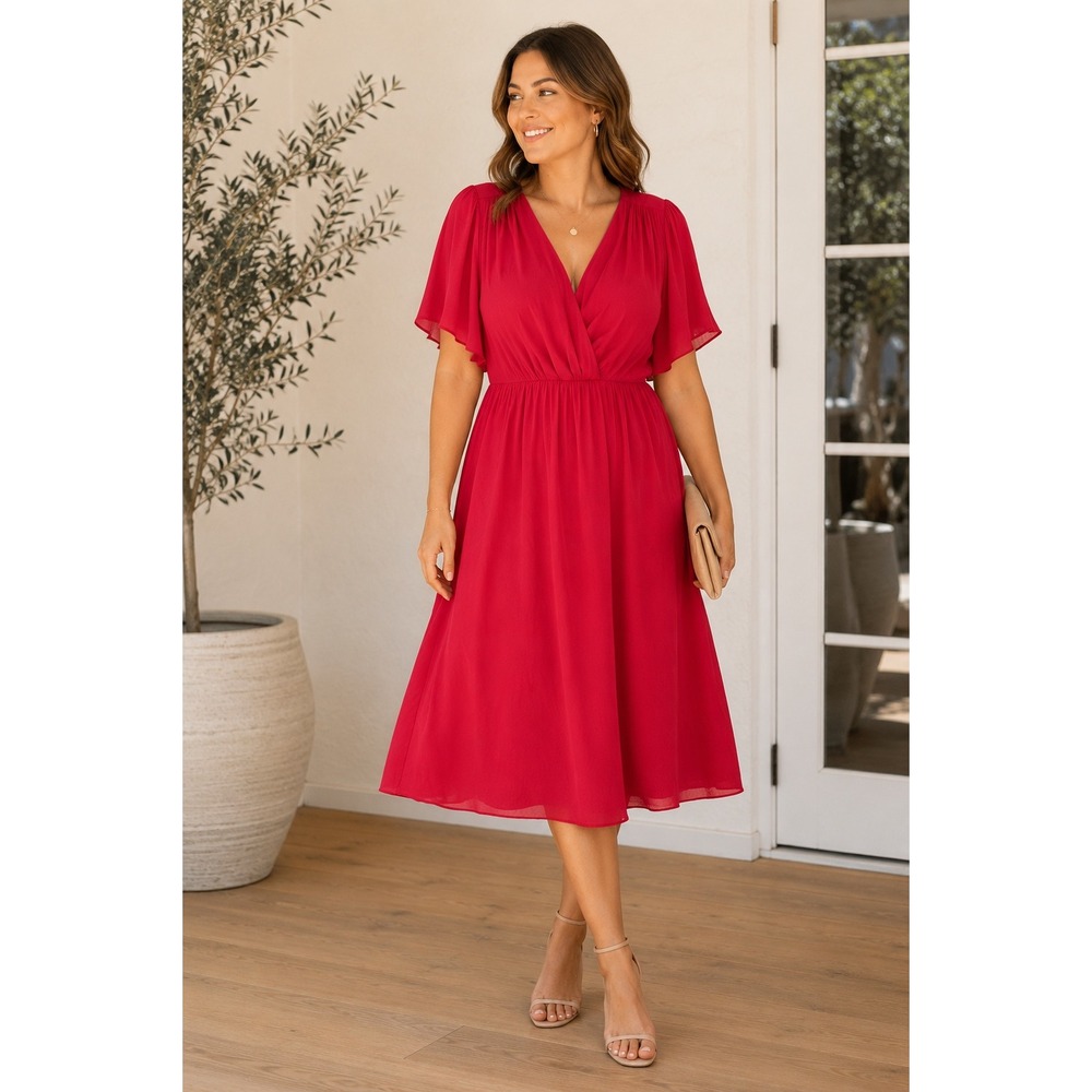 Caroll Paris Red V Neck Flutter Sleeve Midi Dress Pleated Elastic Waist EU 42